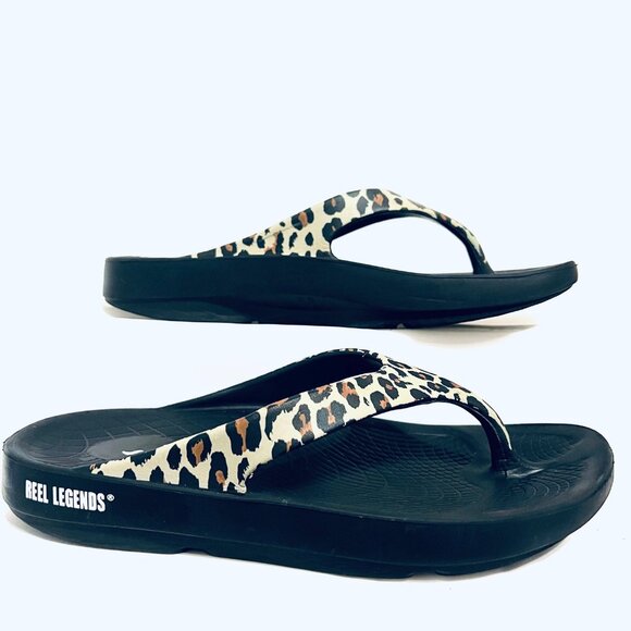 Reel Legends-Unisex-Black/Leopard Print Flip Flops-Arch Support-W 9, M 7-Comfy - Picture 1 of 16